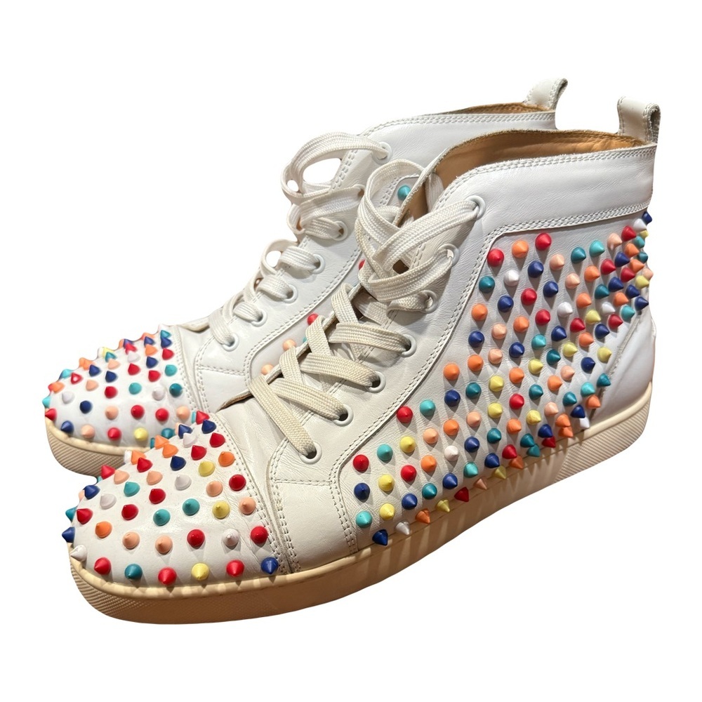 Christian Louboutin White Leather Louis Gomme Spike Studded High Top Sneakers